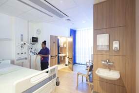 An ensuite bedroom at Royal Papworth Hospital, fitted out by Deanestor